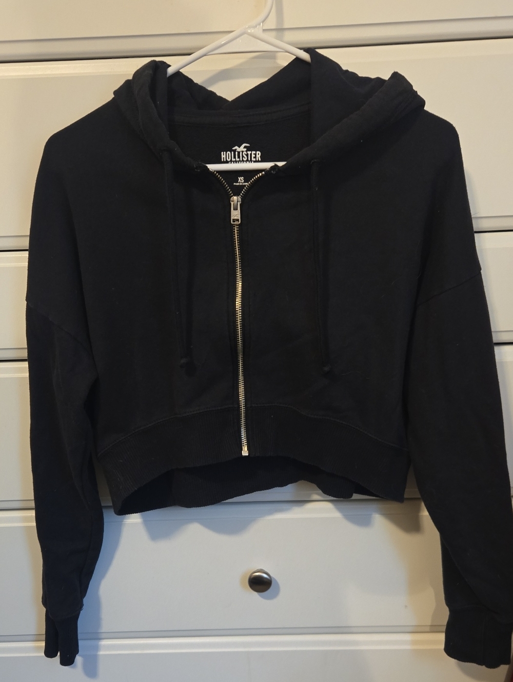 Hollister Black Cropped Zip Hoodie with Drawstring